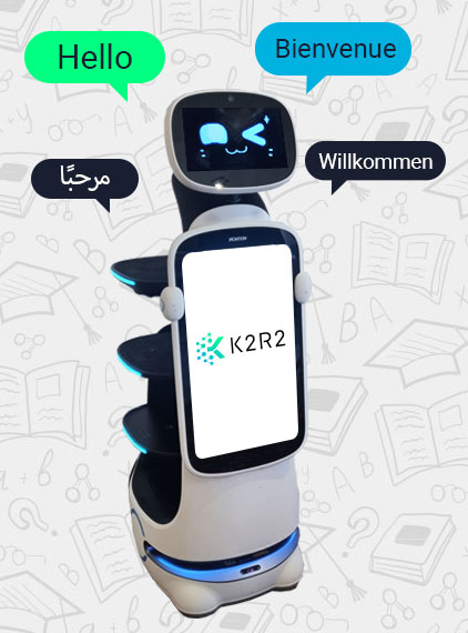 Montage photo représentant le robot , avec le logo de la marque K2R2 sur son écran principal
